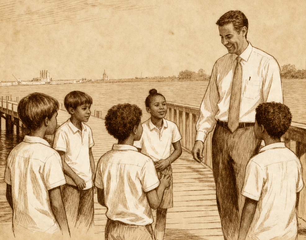 Illustration of John Sarbanes with Children by the water