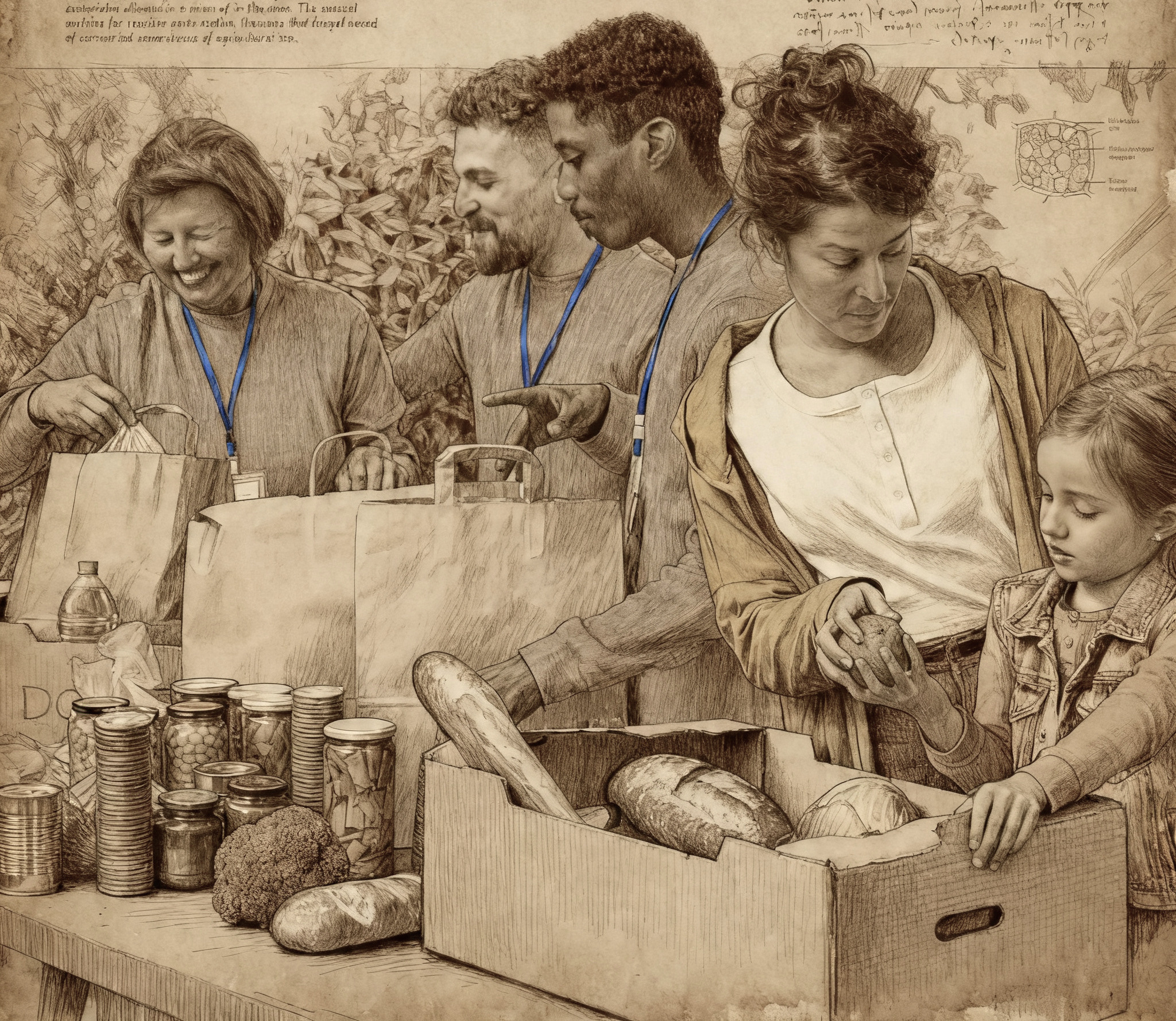 Illustration of Four Volunteers Gathering Food for a Food Drive